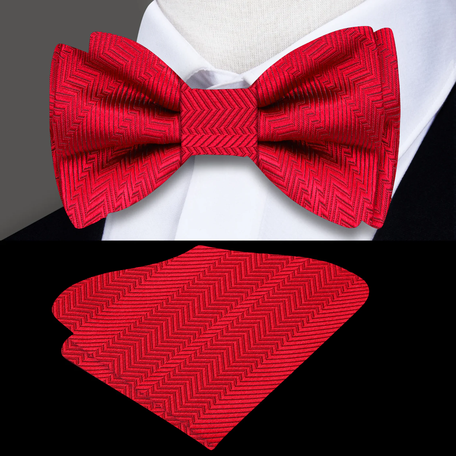 Main: A Real Red Solid Pattern Self Tie Bow Tie, Matching Pocket Square||Real Red