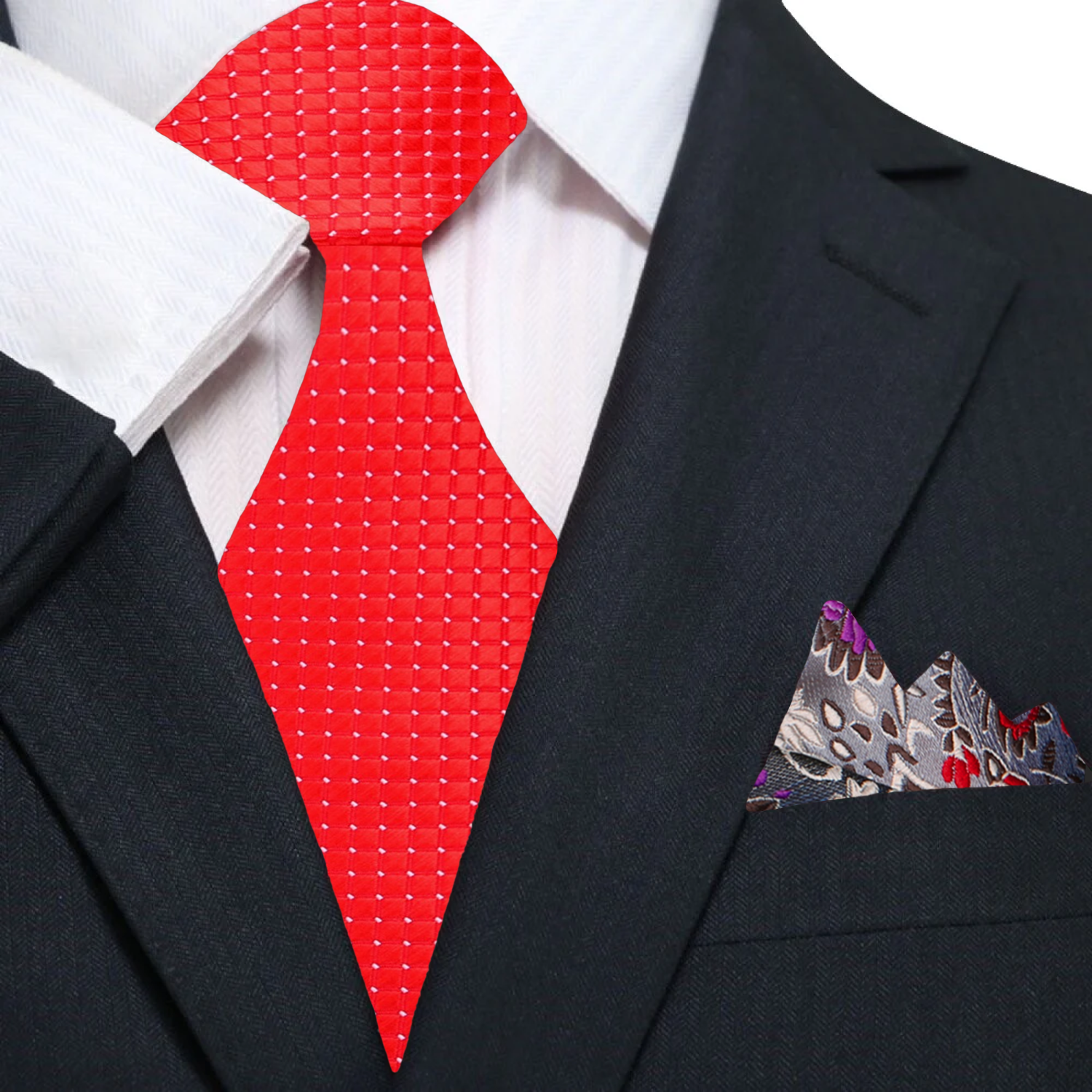 Main View: A Bright Red With White Check Pattern Silk Necktie and Floral Square