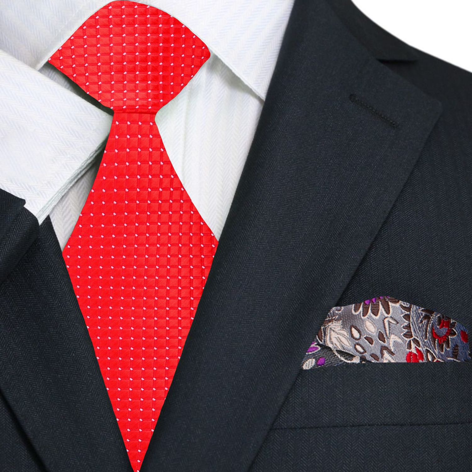 Black suit with a red patterned tie and a patterned pocket square.