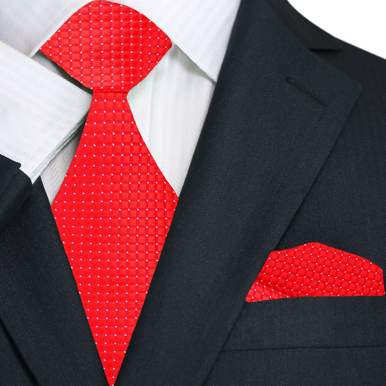Black suit with a red patterned tie and pocket square on a white background