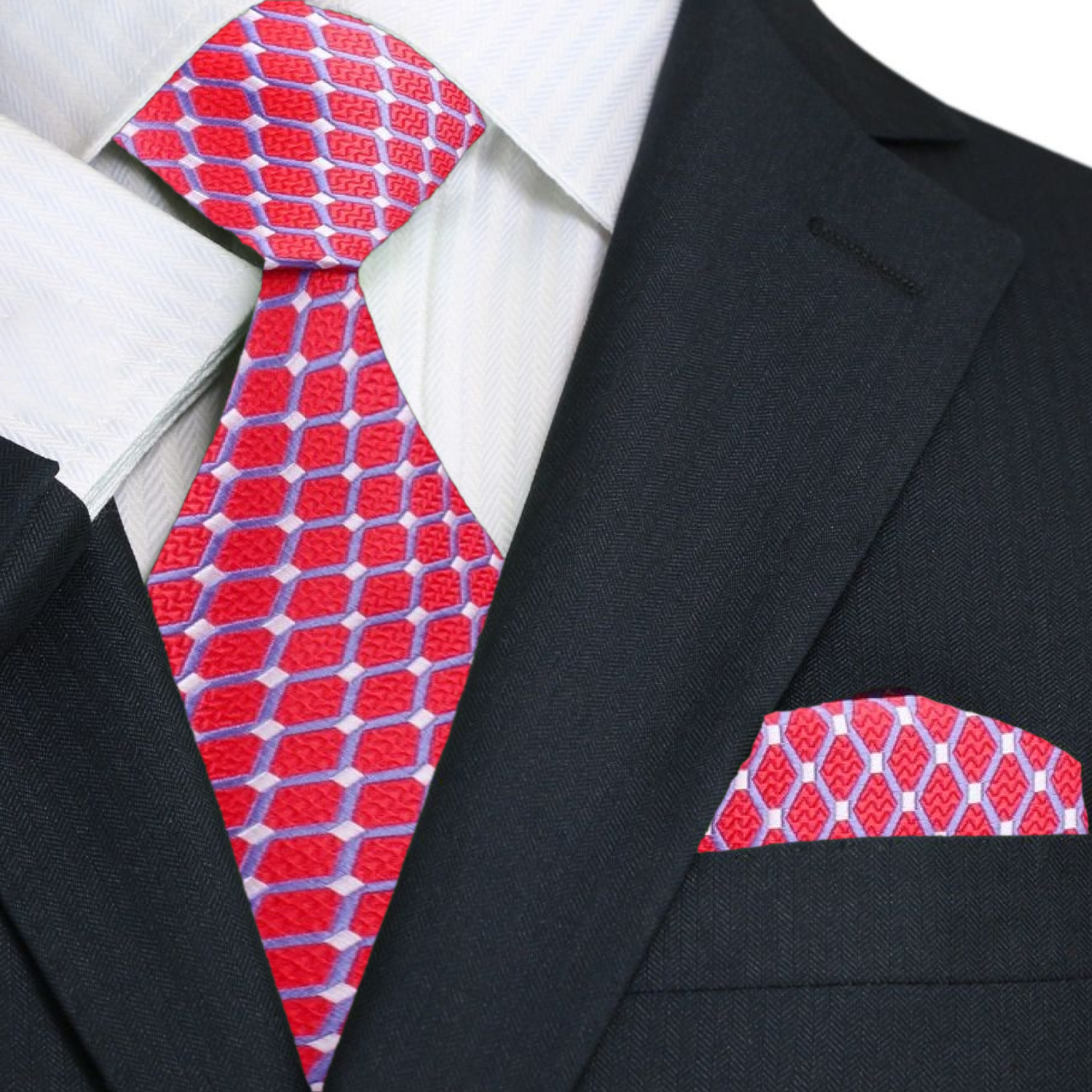 A Red, White, Light Blue Geometric Pattern Pattern Silk Necktie, Matching Pocket Square