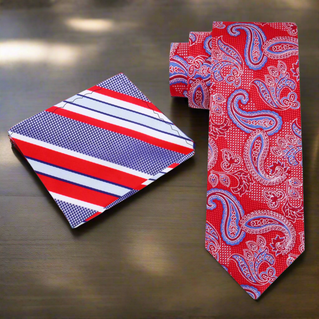  Red Paisley Necktie and Accenting Stripe Square