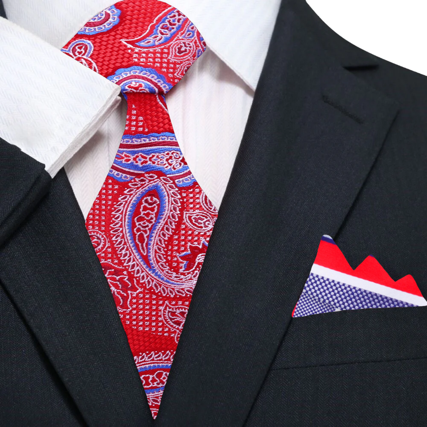 Main:  Red Paisley Necktie and Accenting Stripe Square