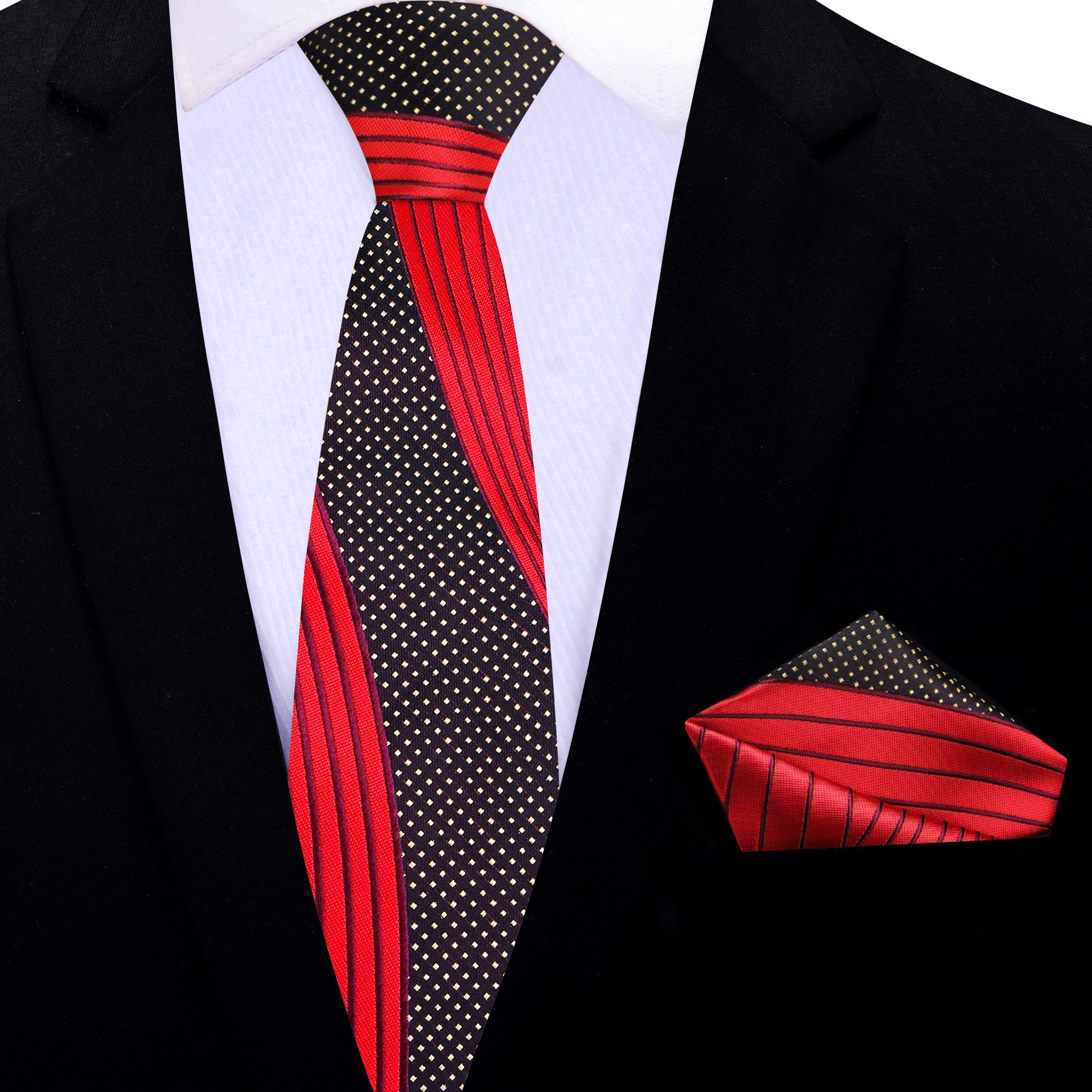 Red Black & Gold Wave Stripe Necktie for Weddings and Events Necktie & Accenting Square / XL (63") / 2.5" Inches Red Black & Gold Wave Stripe Necktie for Weddings and Events Necktie & Accenting Square / XL (63") / 2.5" Inches