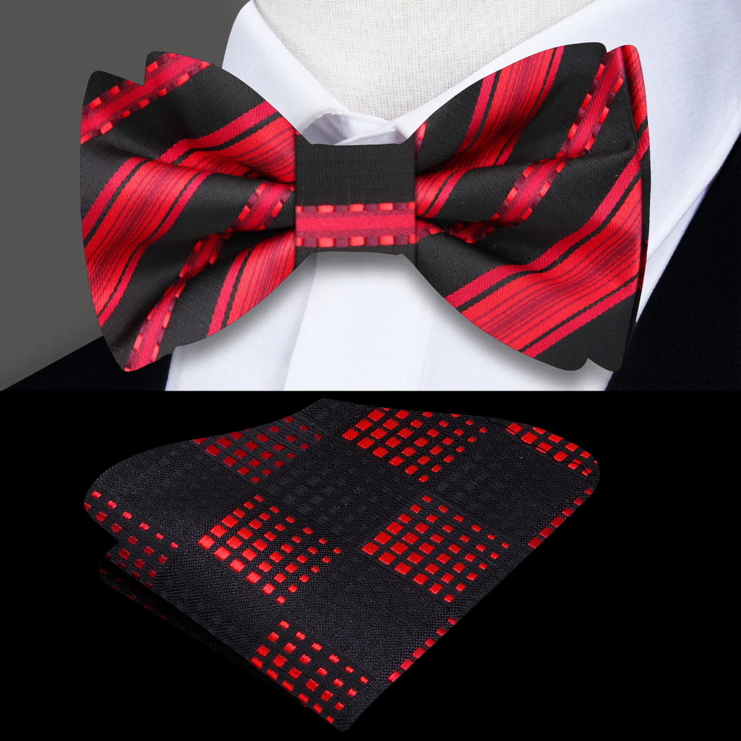 Red, Black Stripe Bow Tie and Accenting Square