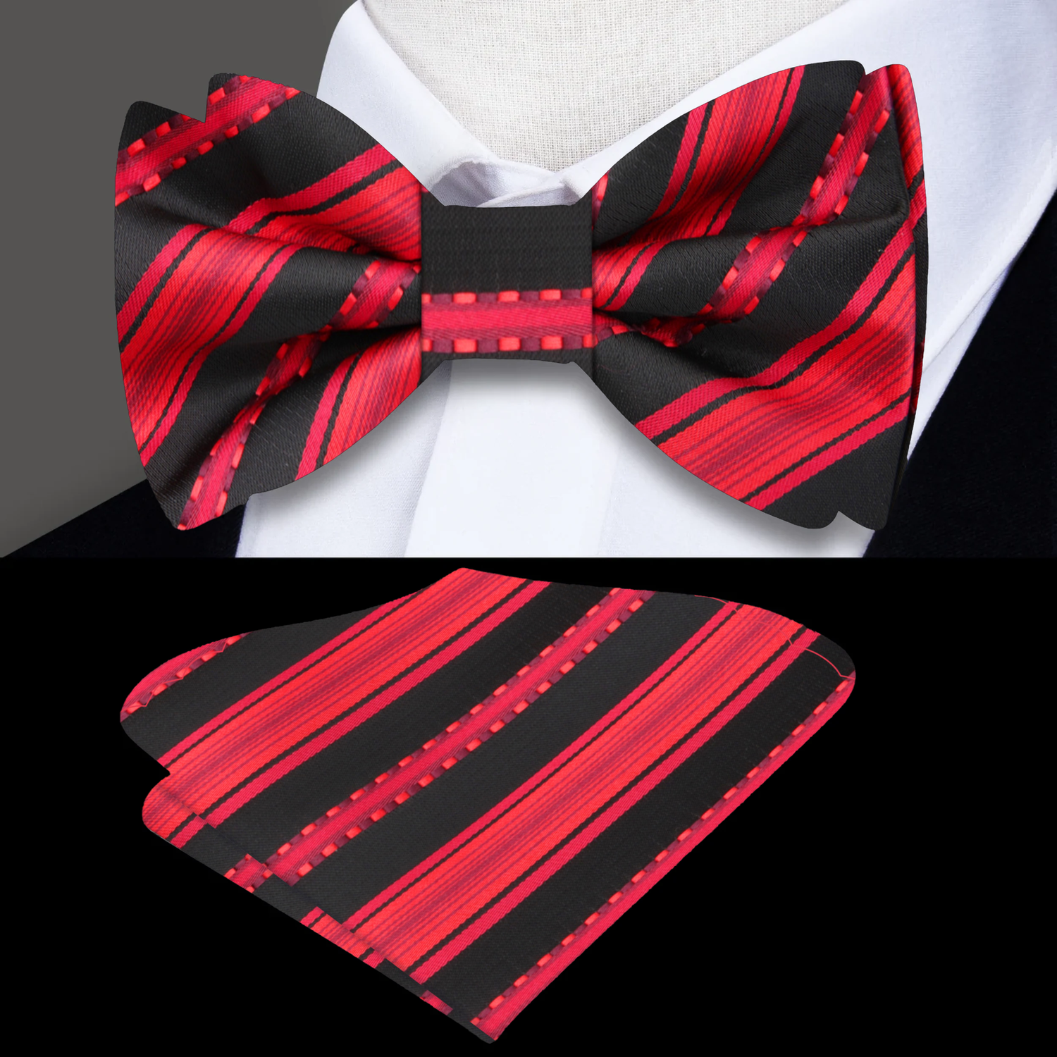 Red, Black Stripe Bow Tie and  Square