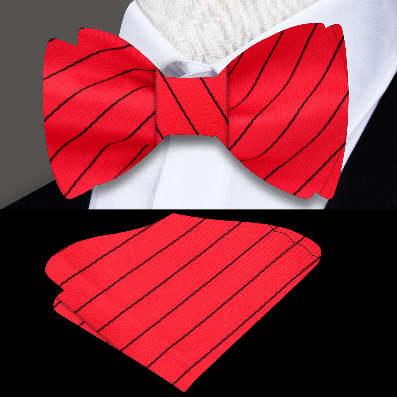 A Red, Black Stripes Pattern Silk Self Tie Bow Tie, Matching Pocket Square