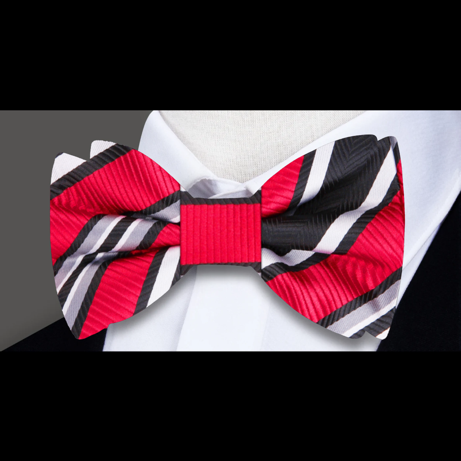 Red, Black, Grey, White Stripe Bow Tie 
