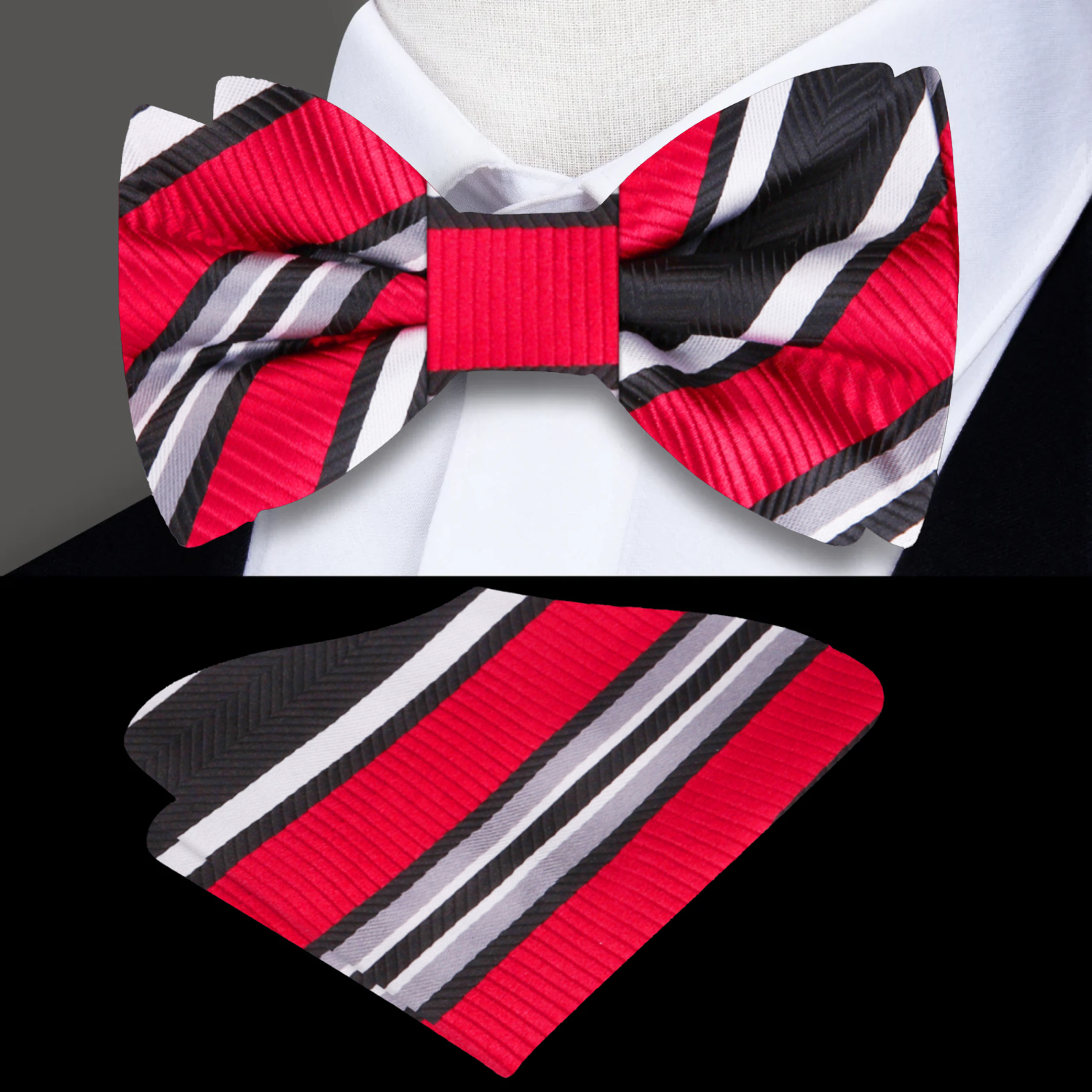 Red, Black, Grey, White Stripe Bow Tie and Pocket Square