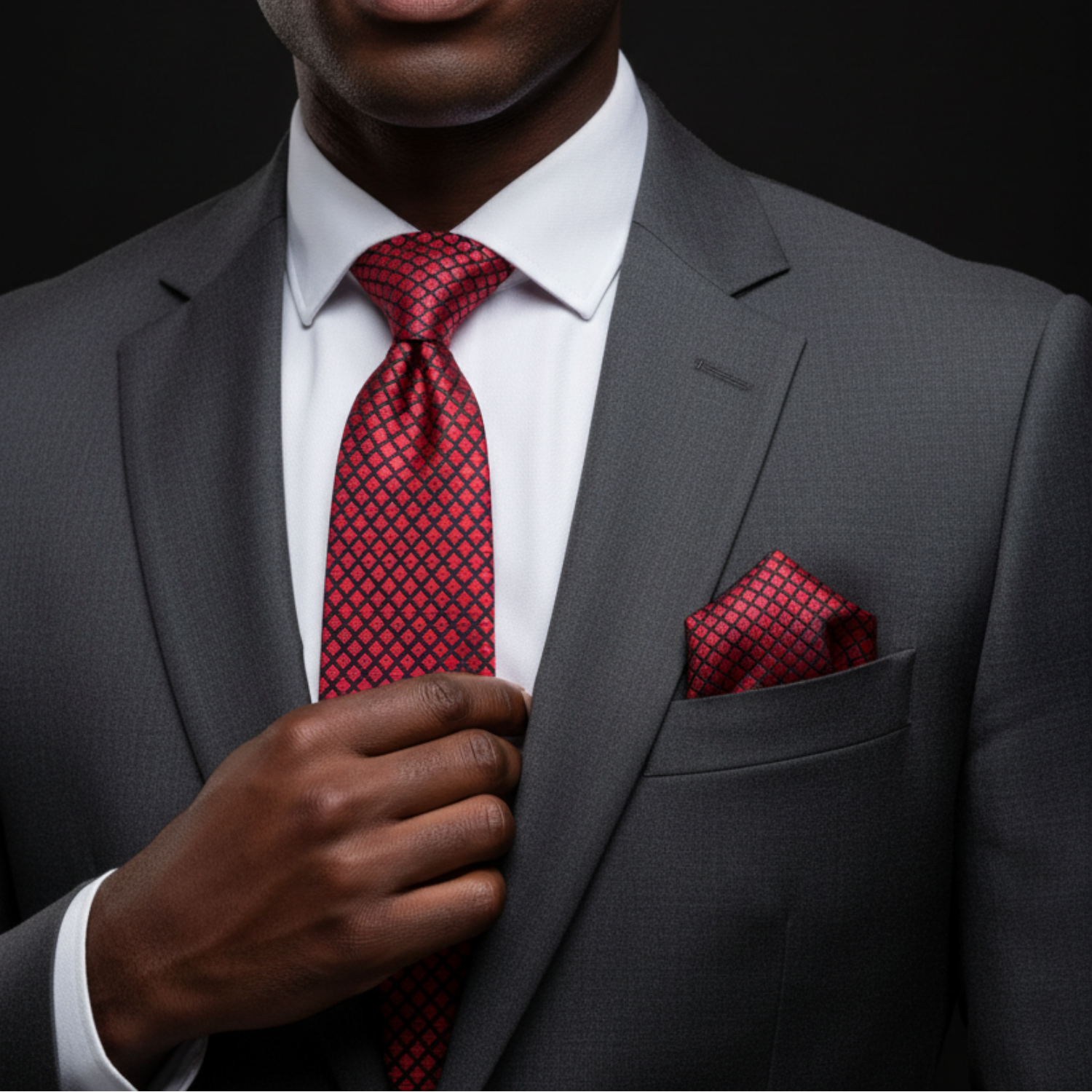 Man wearing red geometric small diamonds tie and square