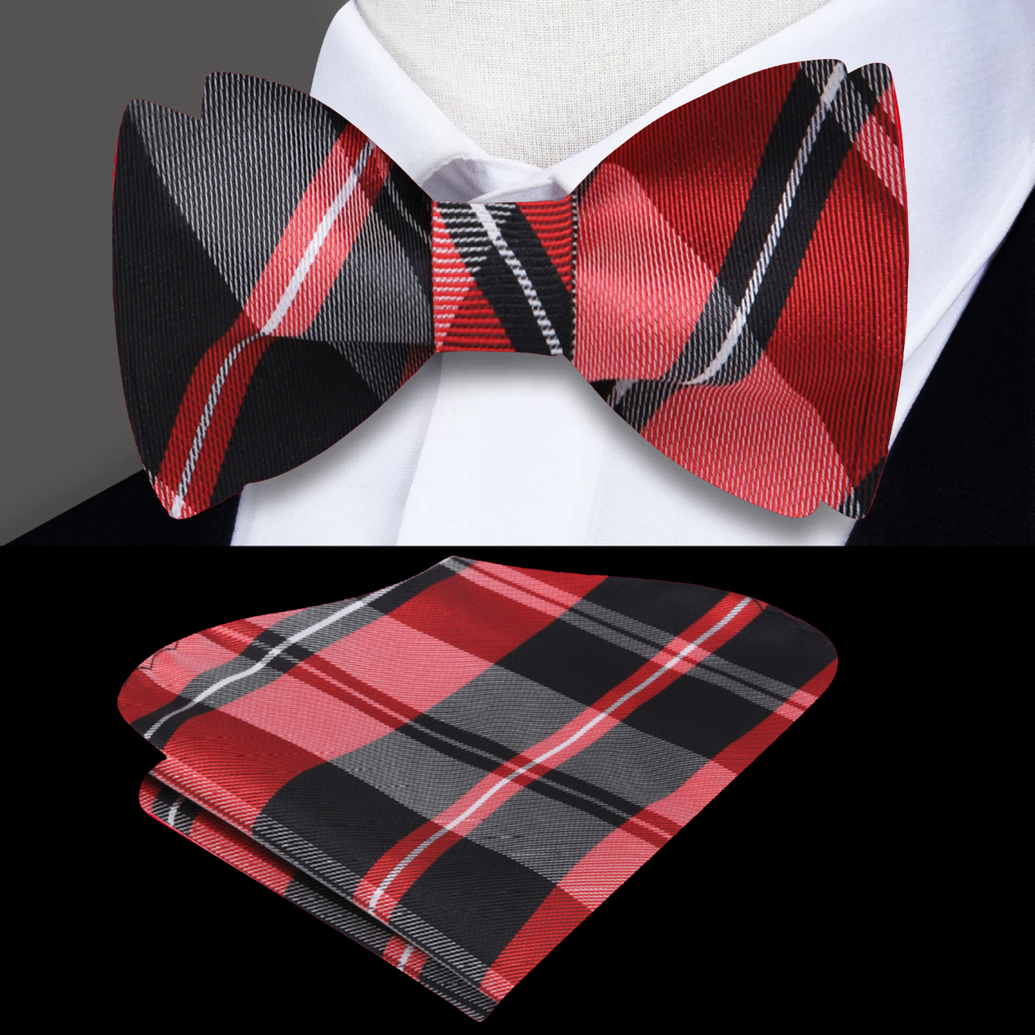 A Red, Black Plaid Pattern Silk Self Tie Bow Tie, Matching Silk Pocket Square