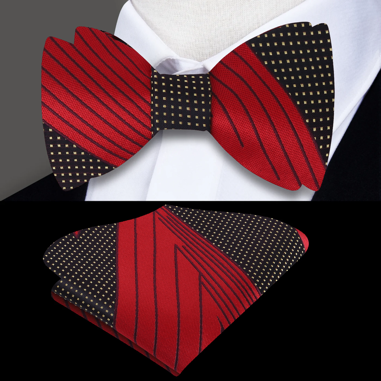 A Red, Black, Gold Abstract Lines and Dots Silk Self Tie Bow Tie, Matching Pocket Square