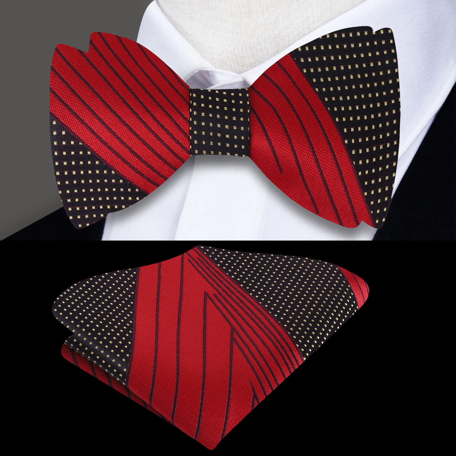 A Red, Black, Gold Abstract Lines and Dots Silk Self Tie Bow Tie, Matching Pocket Square