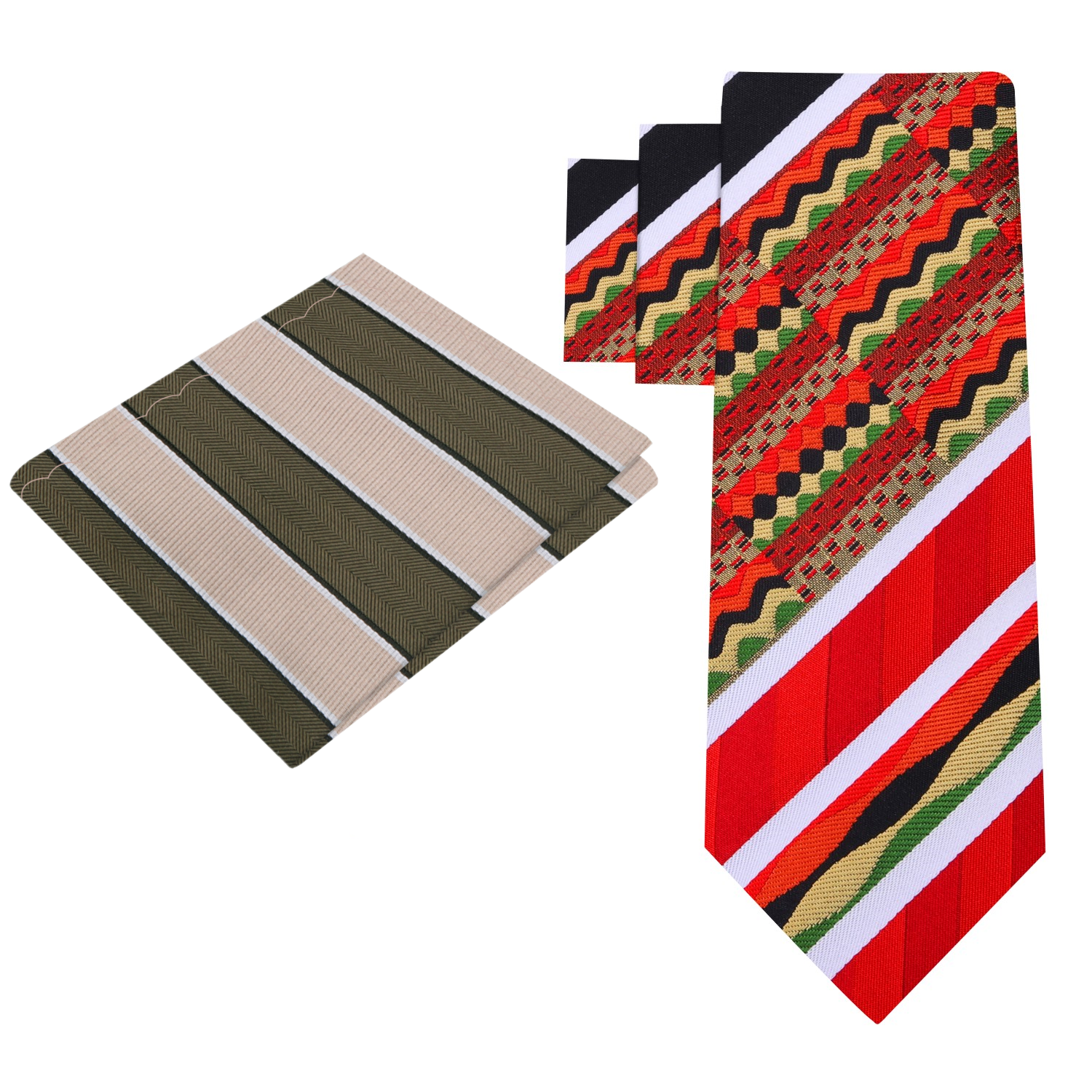 View 2: Red, Black, Yellow Green Abstract Tie and Stripe Pocket Square
