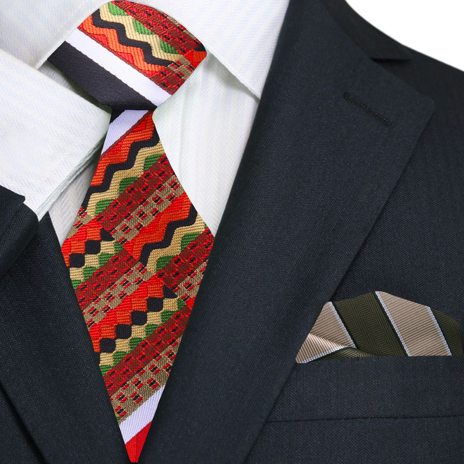 Red, Black, Yellow Green Abstract Tie and Stripe Pocket Square