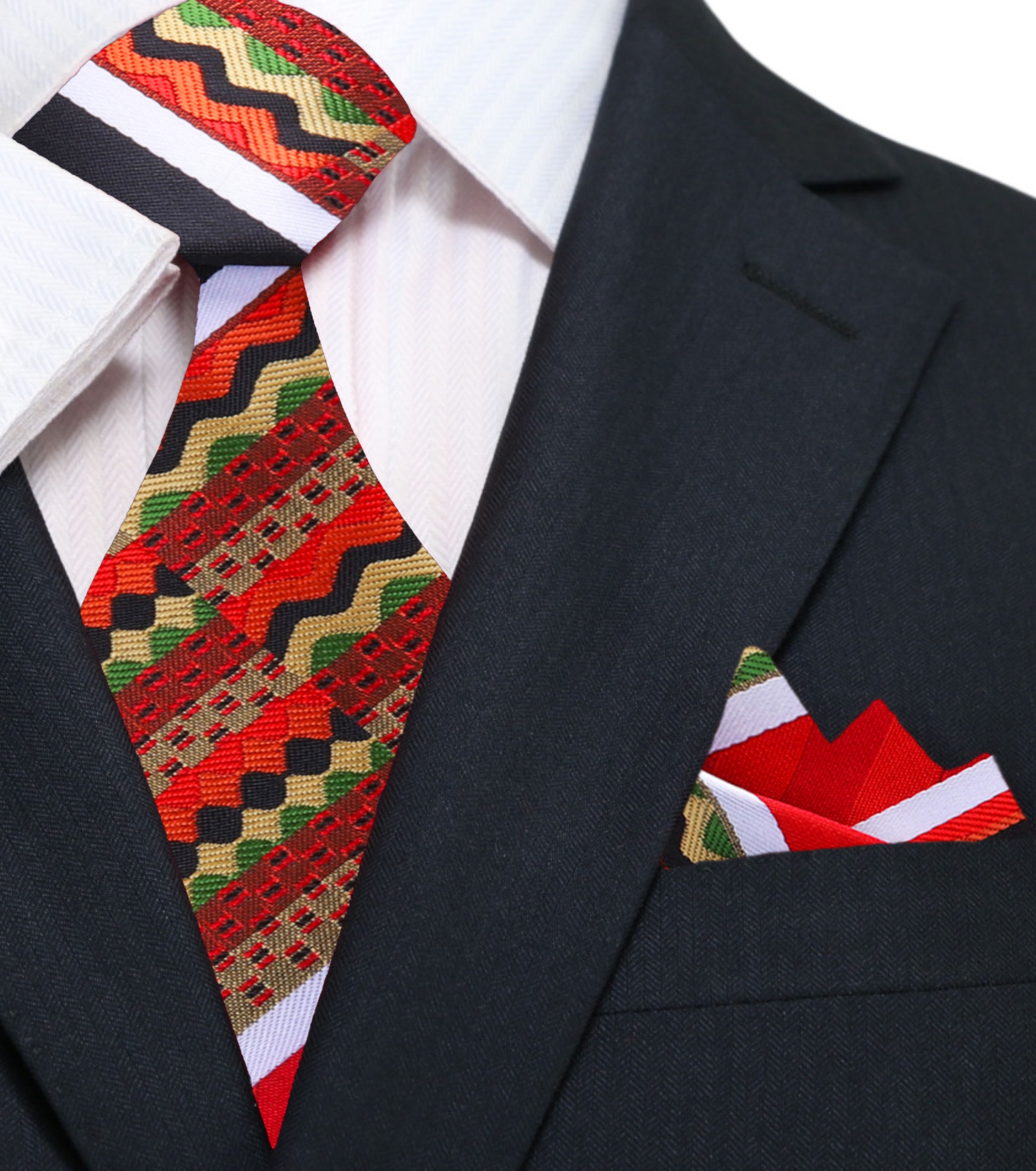 Main: Red, Black, Yellow Green Abstract Tie and Pocket Square
