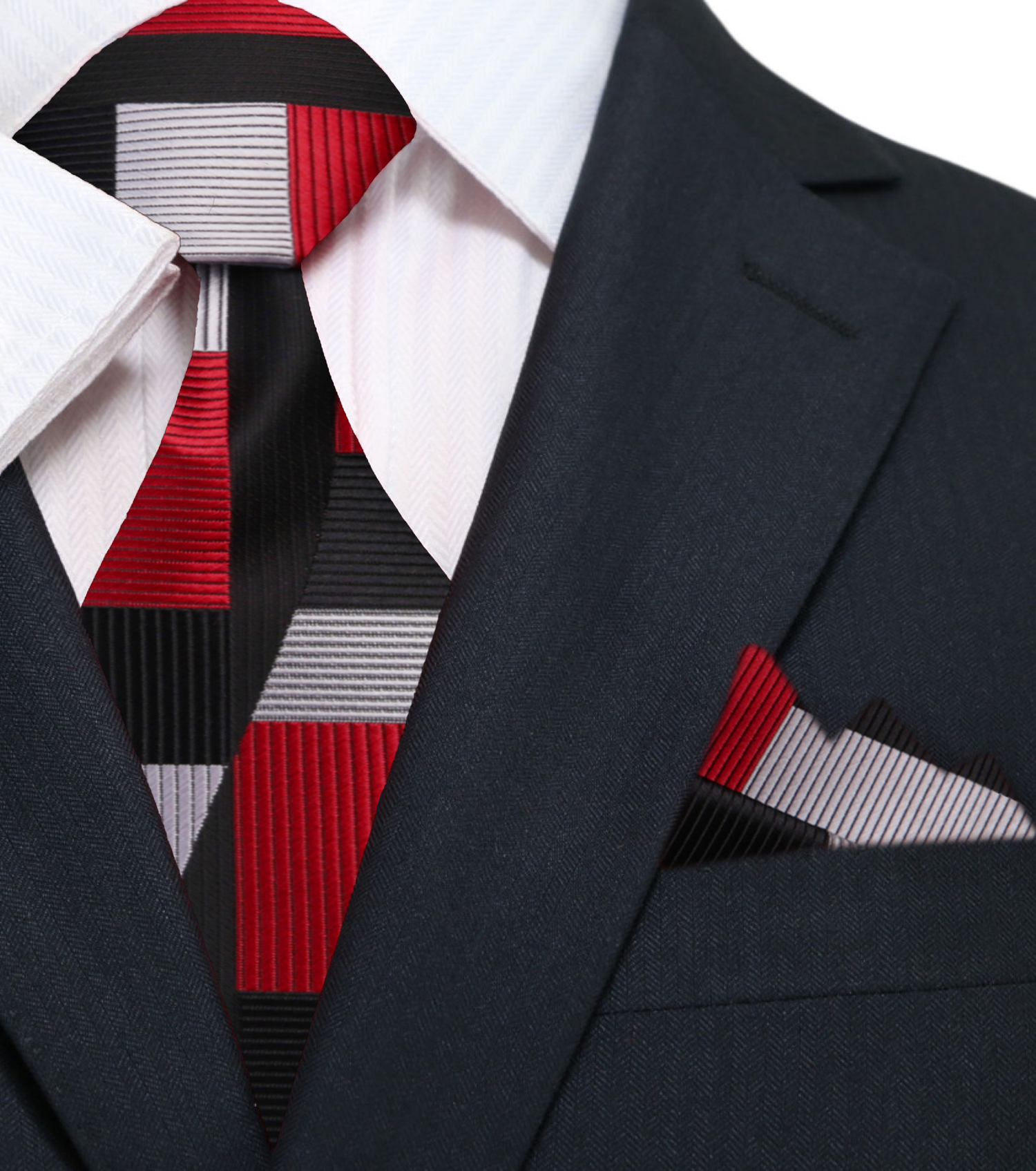 Main: Red, Grey, Black Abstract Tie and Pocket Square||Red
