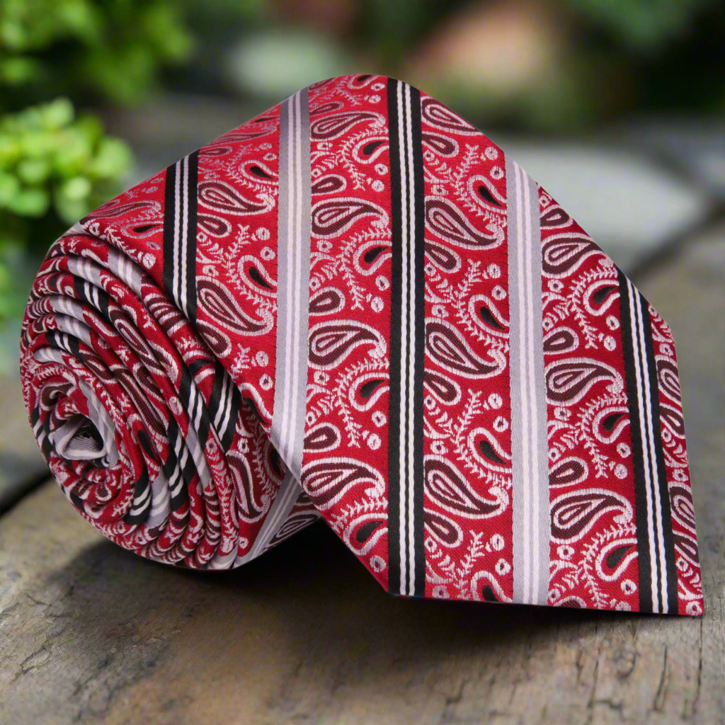 Red Black Grey Stripe Paisley Tie 1