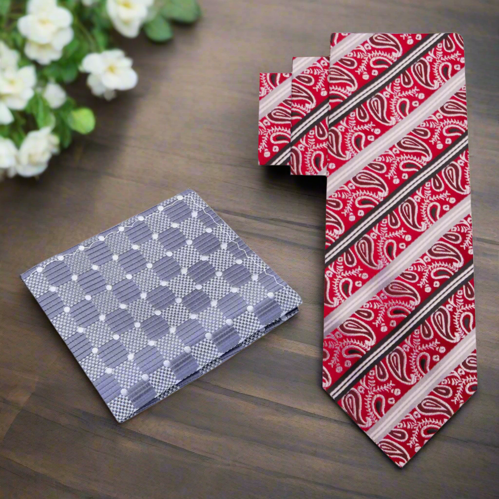 Alt Red Black Grey Stripe Paisley Tie and Accenting Grey Square