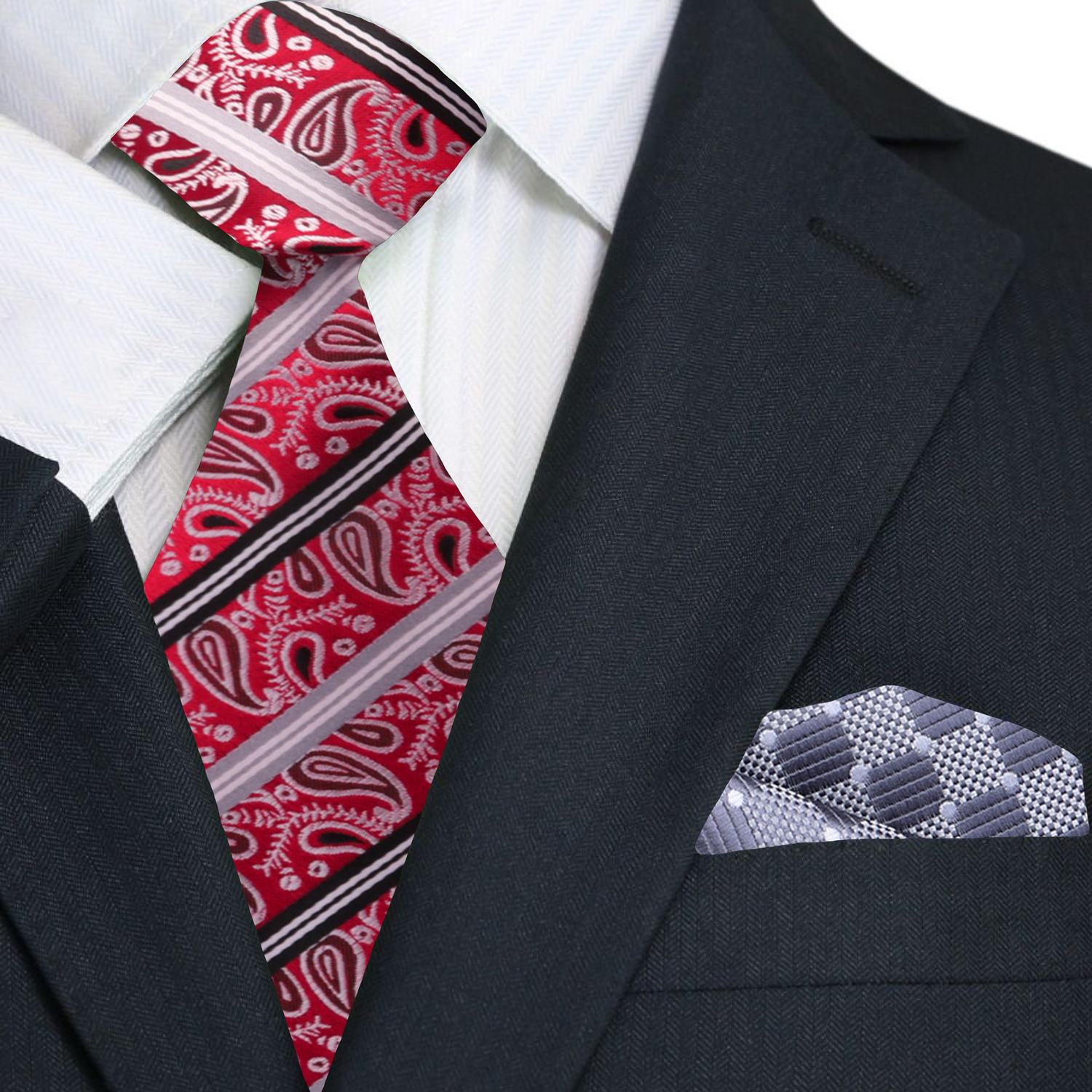 Red Black Grey Stripe Paisley Tie and Accenting Grey Square