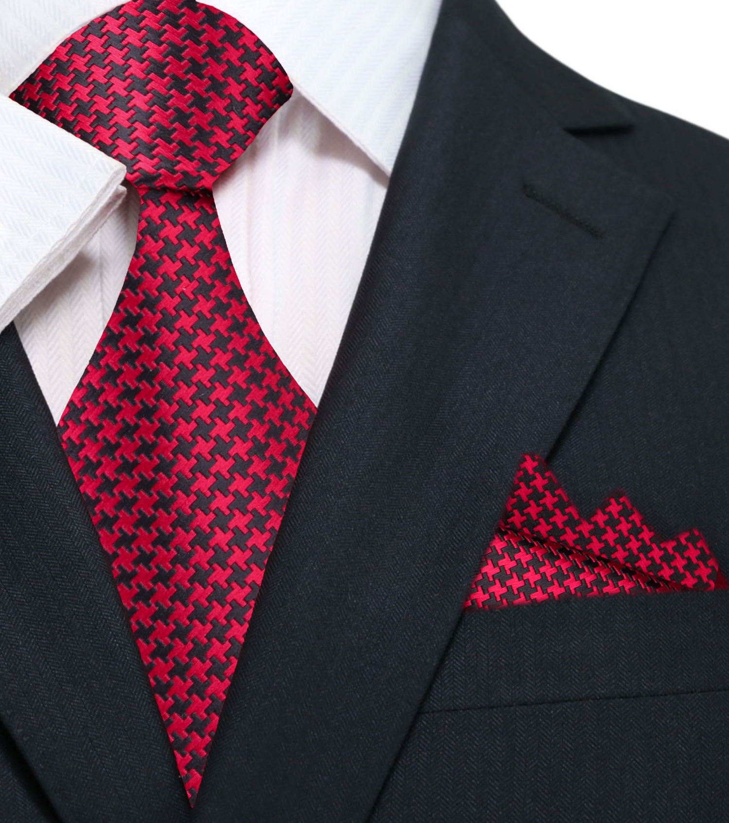 Main: Red and Black Hounds Tooth Tie and Pocket Square