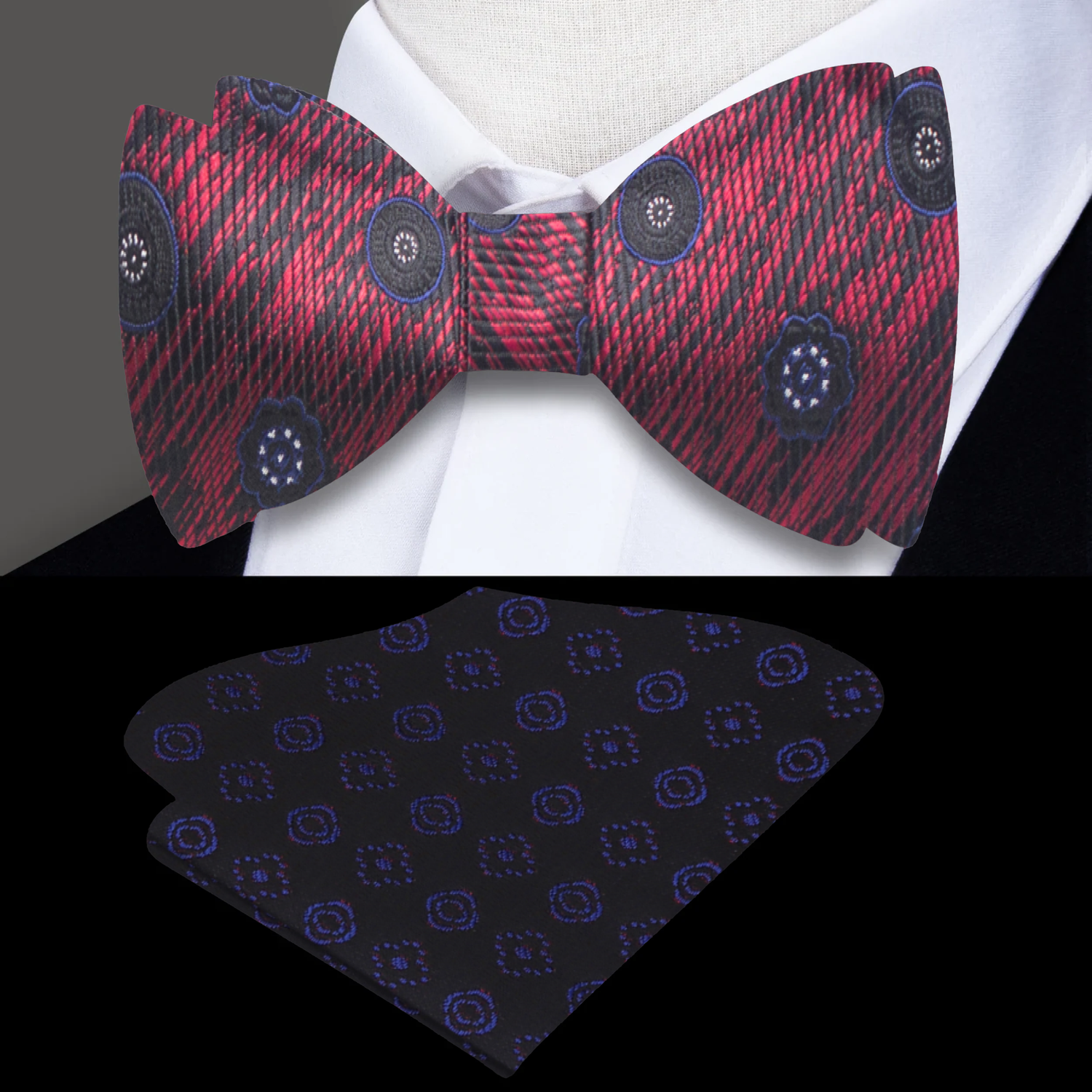 Red, Black Geometric Bow Tie and Black, Blue Geometric Square