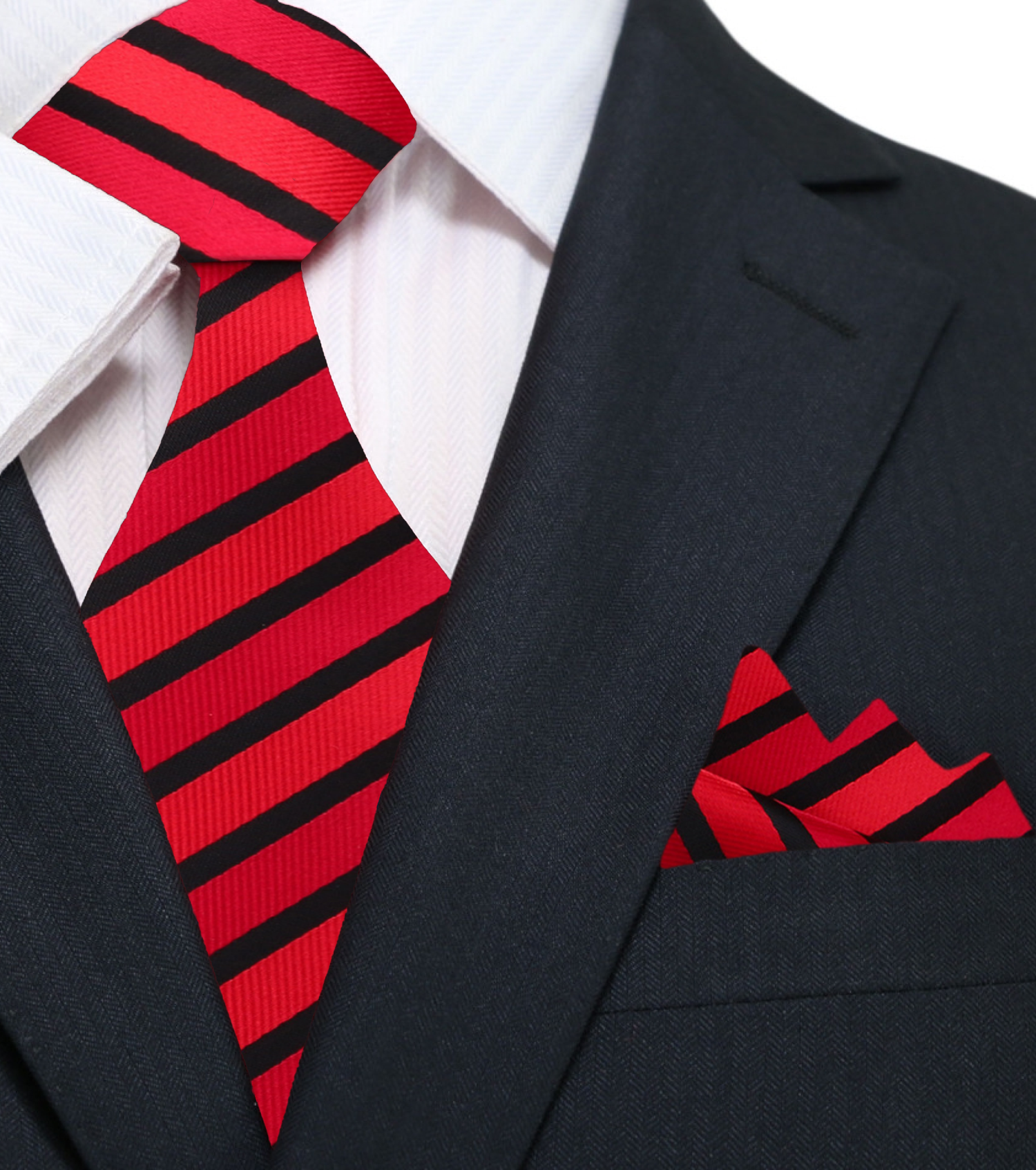 A Red And Black Striped Pattern Silk Necktie With Matching Pocket Square