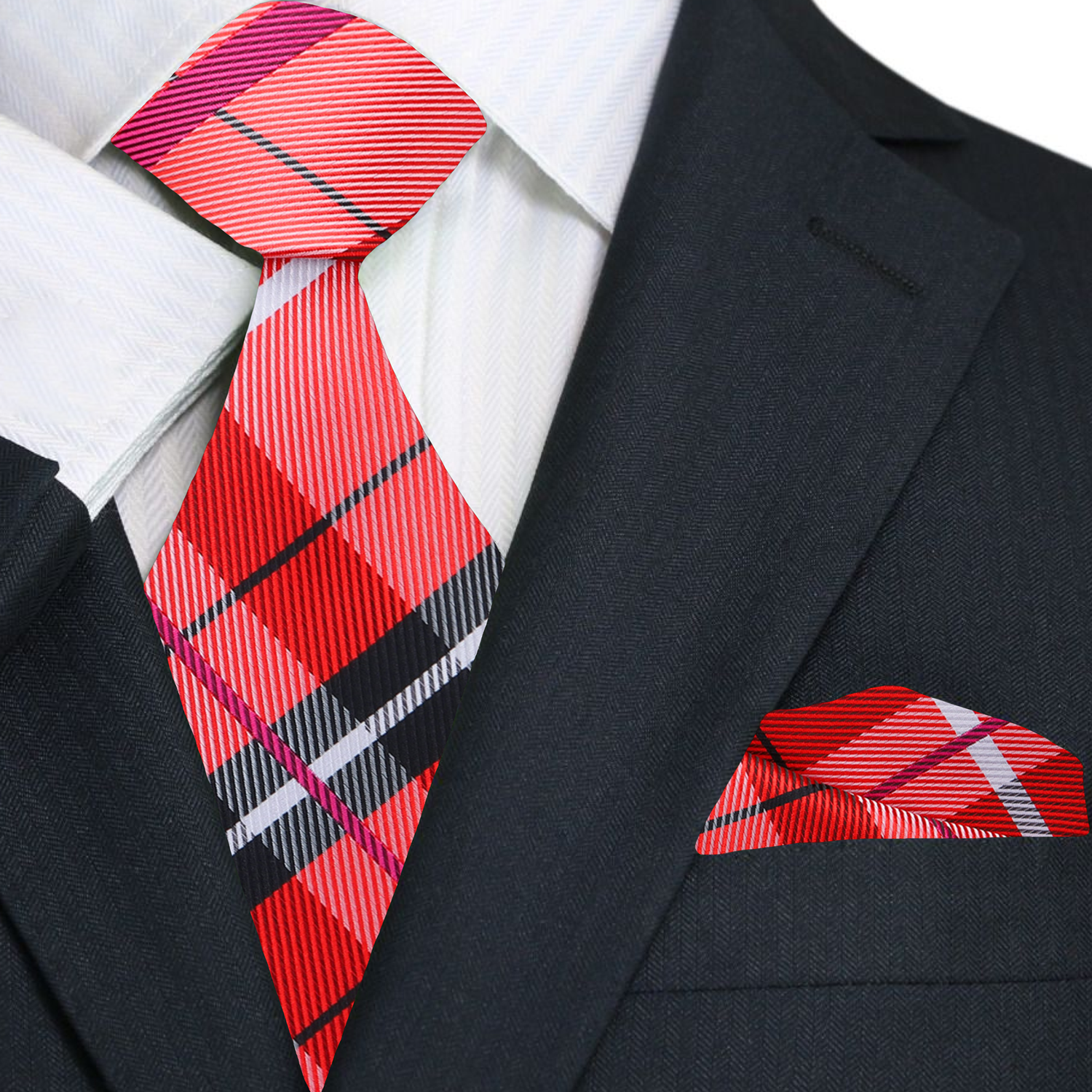 Premium Red, Black Plaid Tie and Pocket Square