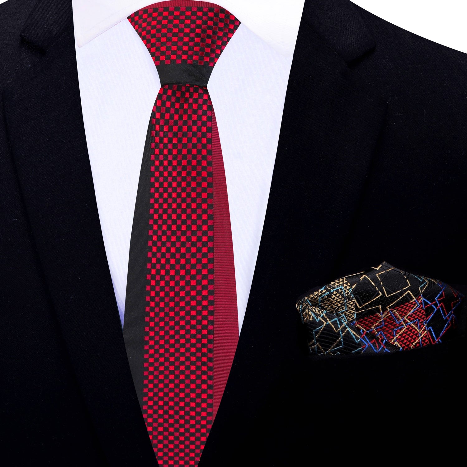 Thin Tie: Red & Black Check Necktie with Accenting Black, Blue. Gold  Abstract Square