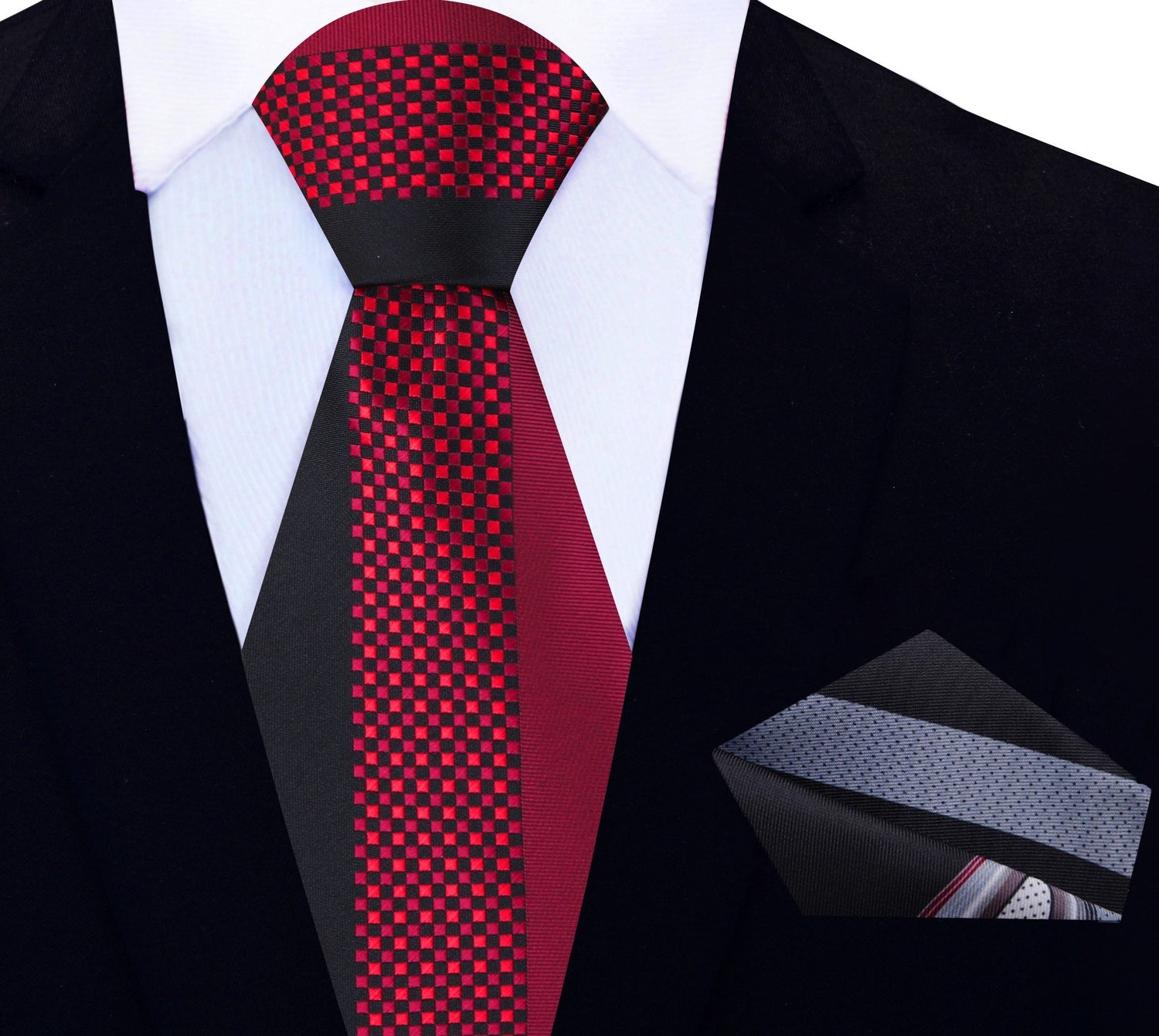 View 2: Red & Black Check Necktie with Accenting Grey, Black and Red Square