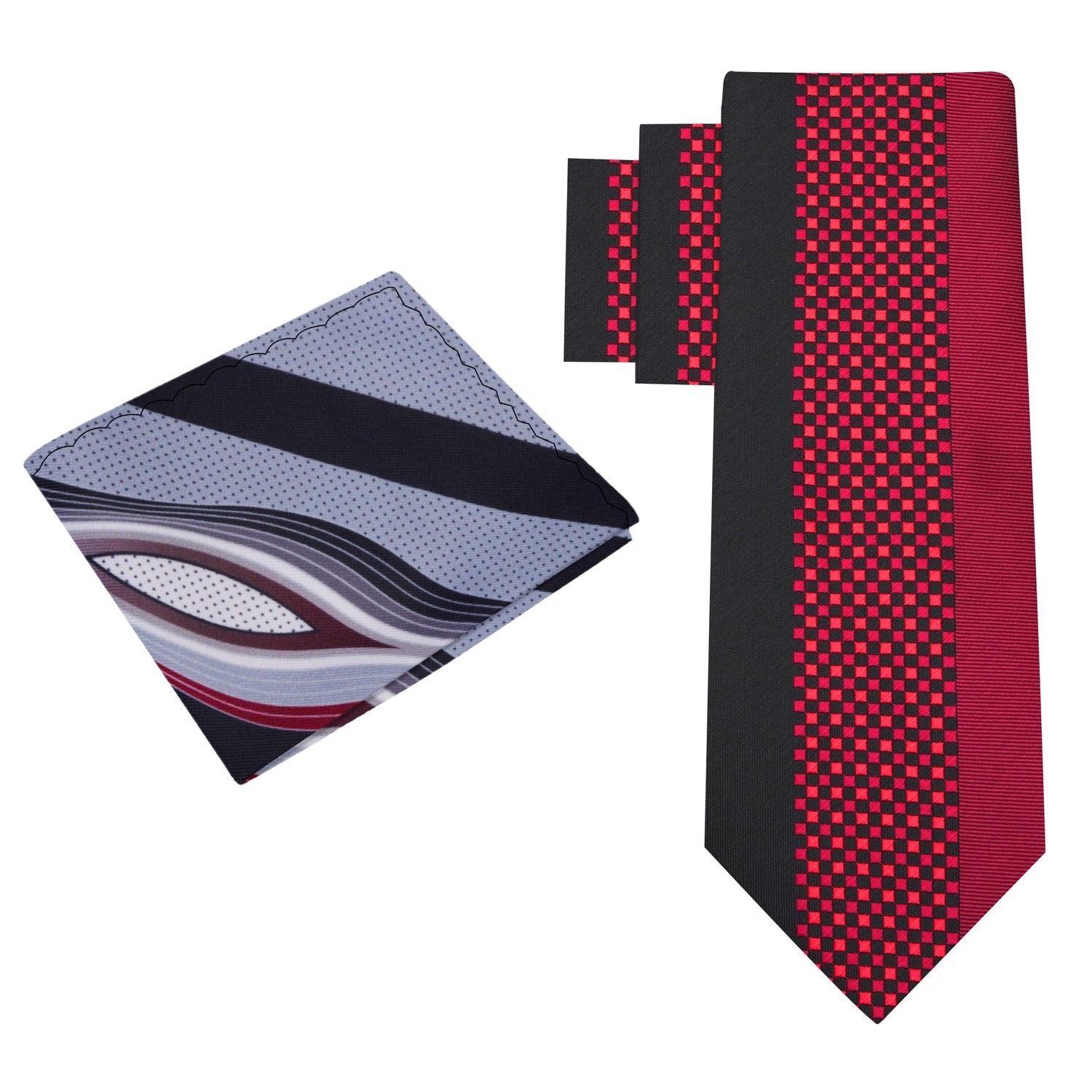 Alt View: Red & Black Check Necktie with Accenting Grey, Black and Red Square