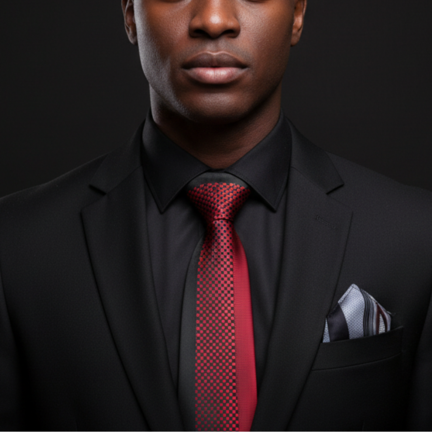 Man wearing a black suit with a red tie and striped pocket square on a dark background