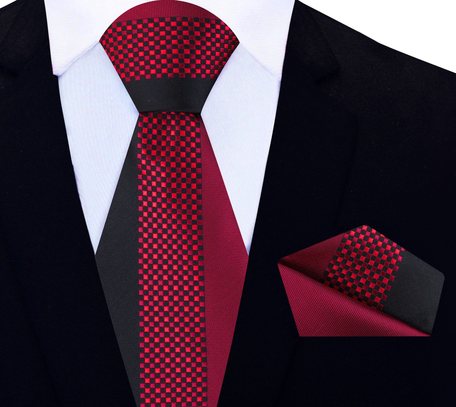View 2: Red & Black Check Necktie with Matching Square