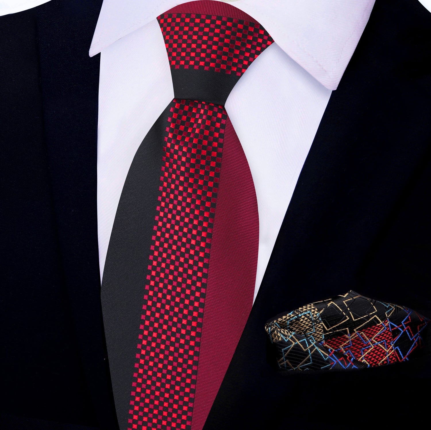 Red & Black Check Necktie with Accenting Black, Blue. Gold  Abstract Square