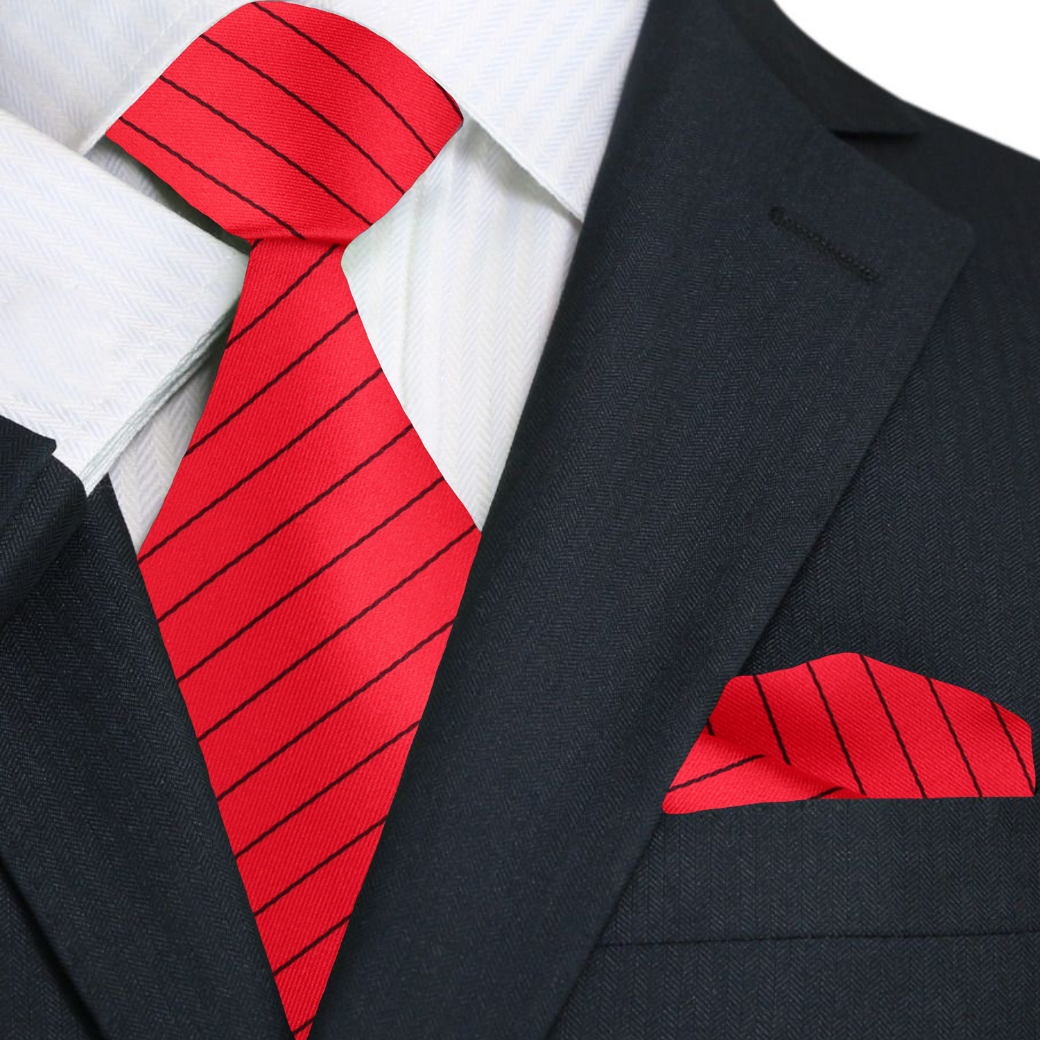 A Red, Black Stripe Pattern Necktie, Matching Pocket Square