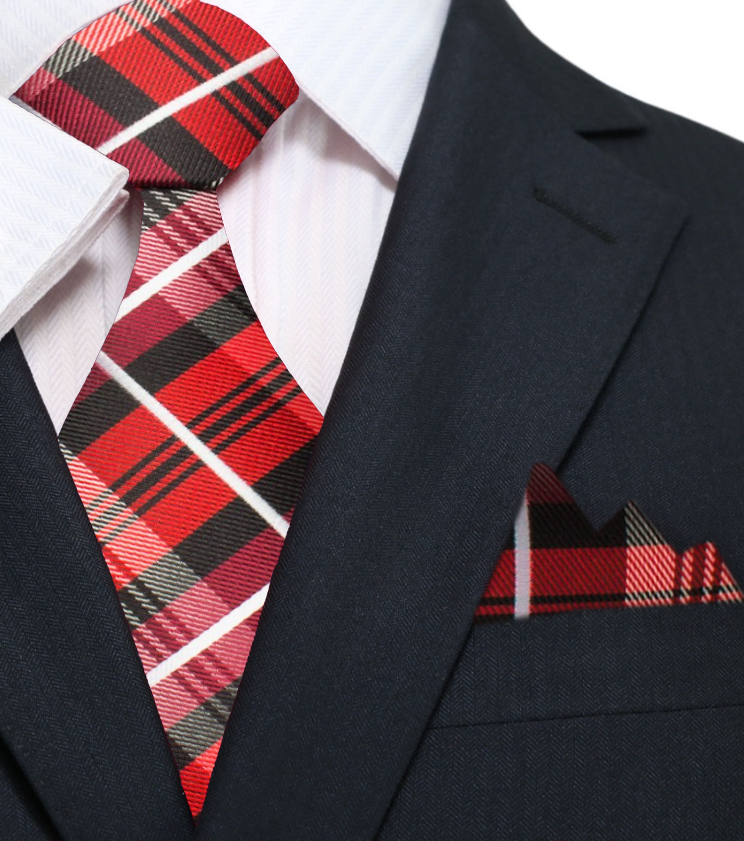 Main: A Red, Black Plaid Pattern Silk Necktie, Matching Pocket Square