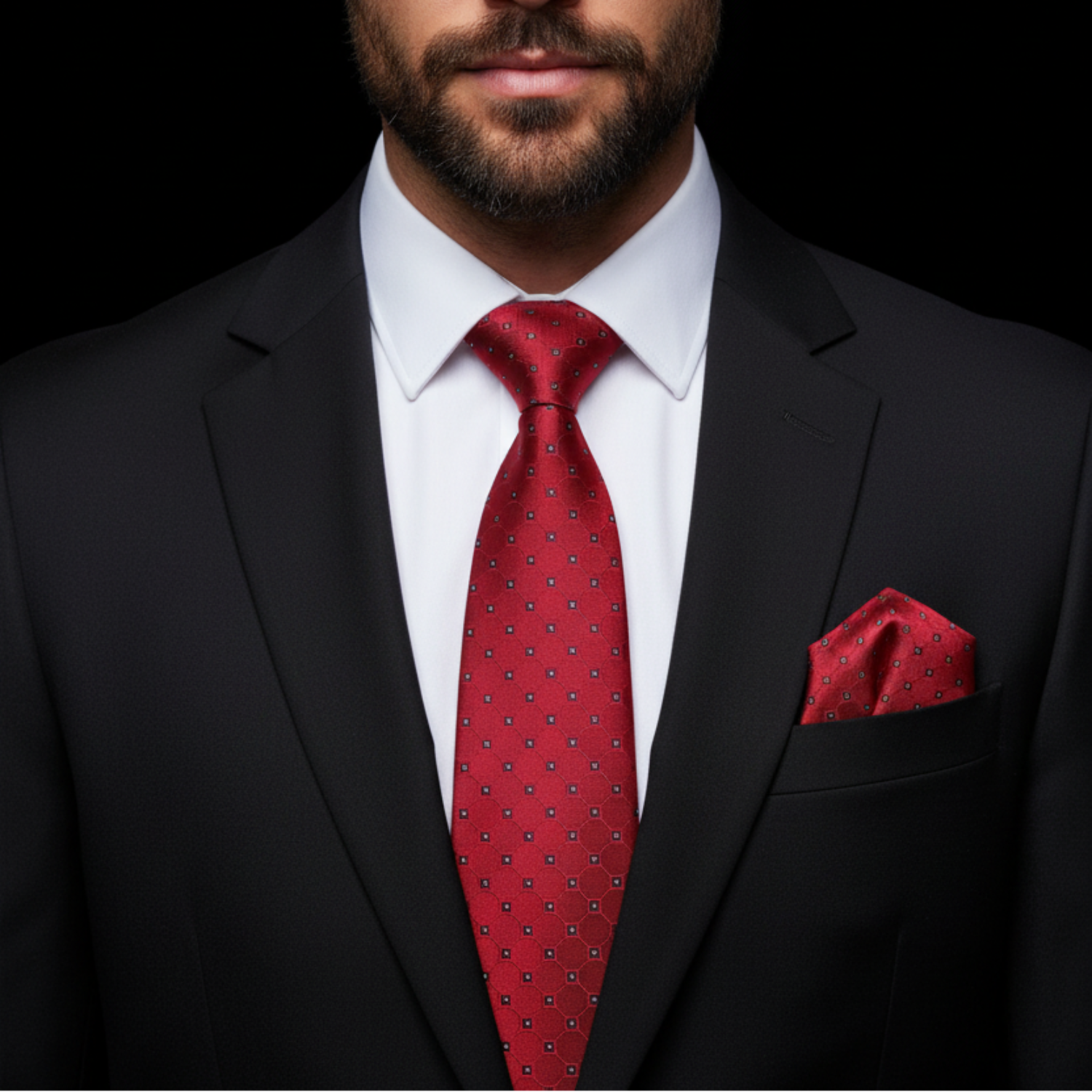 Man wearing a black suit with a red tie and pocket square on a black background
