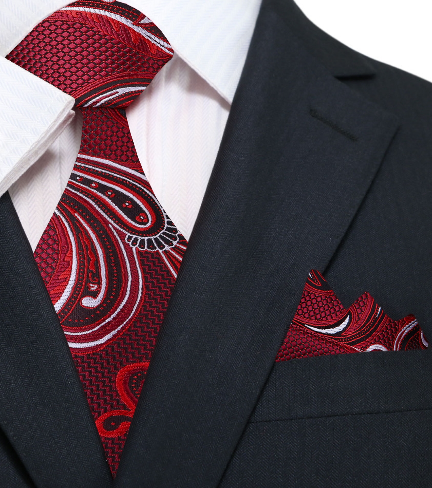 A Red, White, Black Color Paisley Pattern Silk Necktie, Matching Pocket Square