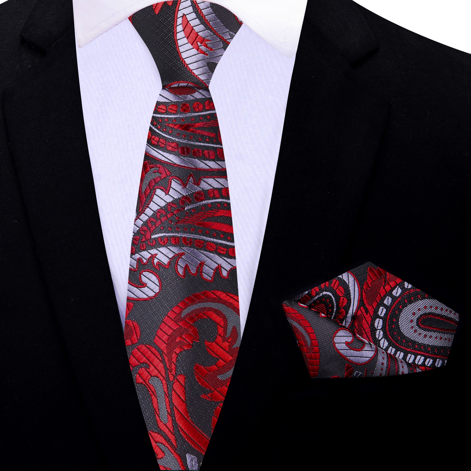 A Red, Dark Red, Silver Paisley Pattern Silk Thin Necktie, With Matching Pocket Square