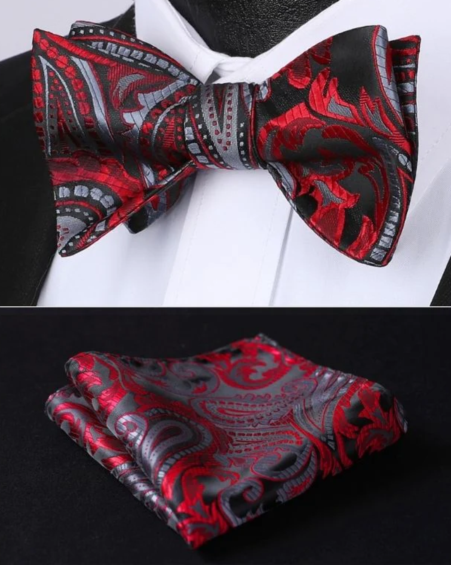 Alt View: Main View: Red, Black Grey Large Paisley Pattern Silk Self Tie Bow Tie, Matching Pocket Square