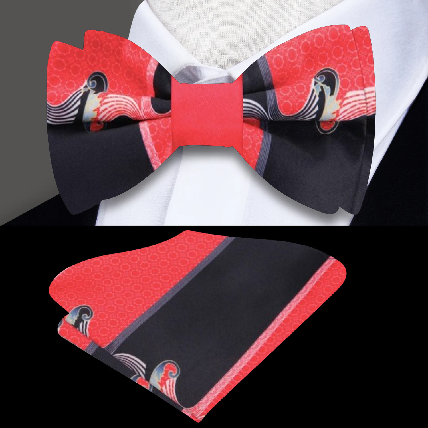Red Black Abstract Bow Tie and Pocket Square||Red