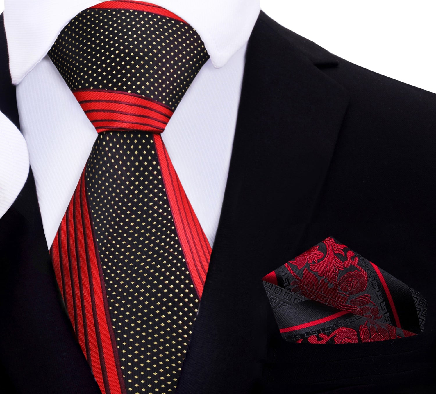 Red, Black and Gold Abstract Tie and Accenting Red Black Paisley Pocket Square