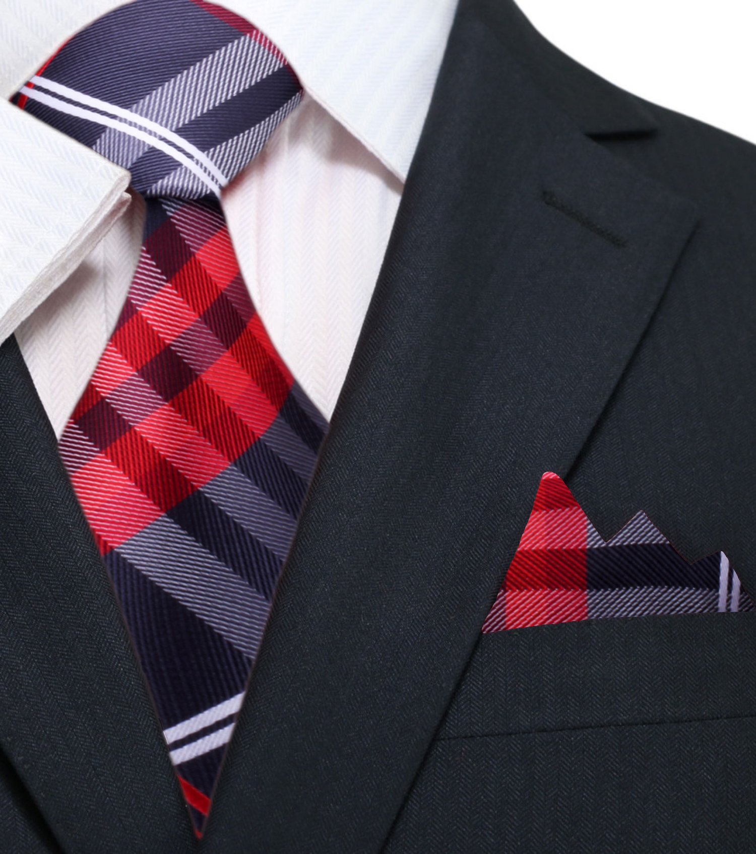 Main: A Black, Red, White Plaid Pattern Necktie With Matching Pocket Square||Red, Black, White