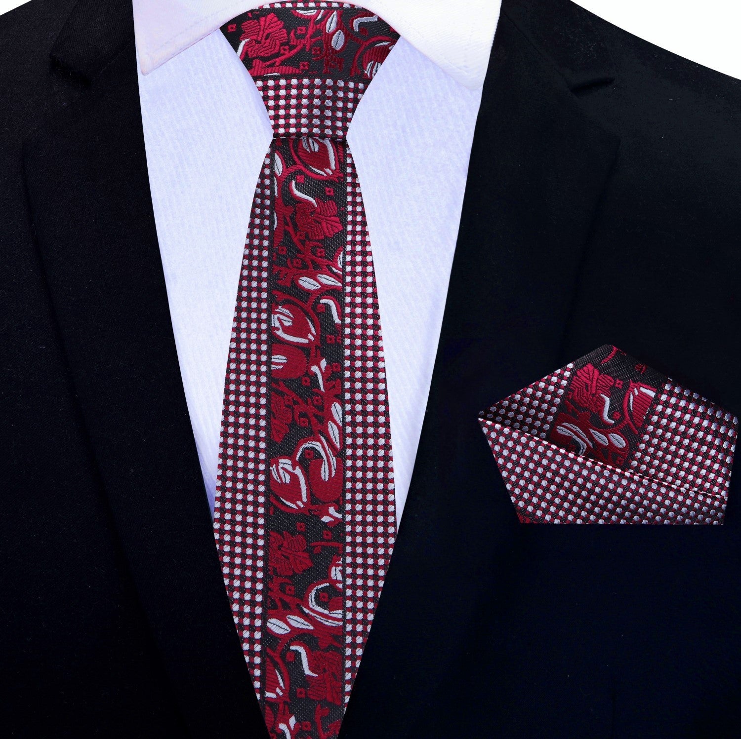 Thin Tie: Red Floral Necktie and Matching Pocket Square