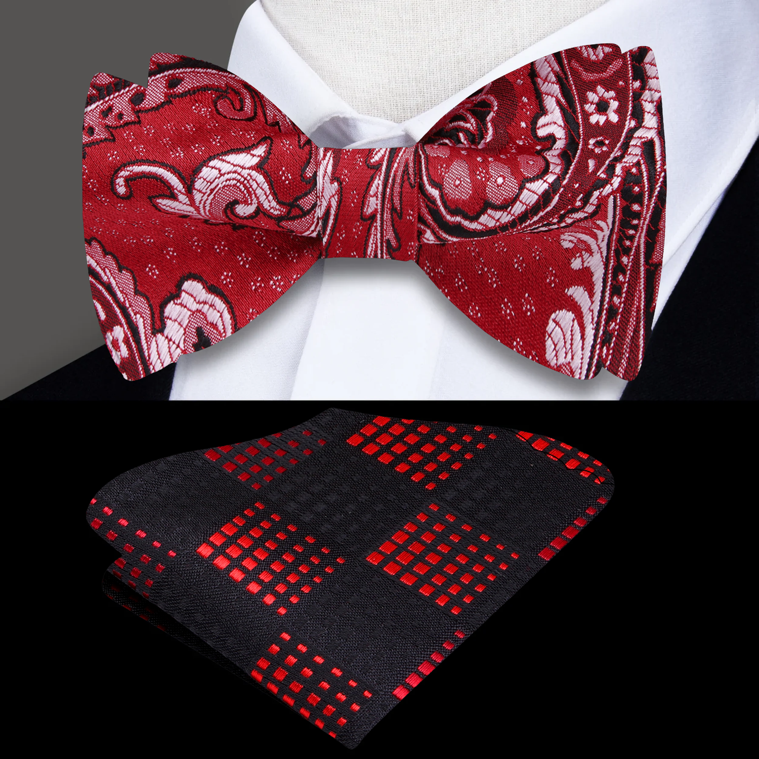 A Red, Blue Paisley Pattern Silk Self Tie Bow Tie, Accenting Pocket Square