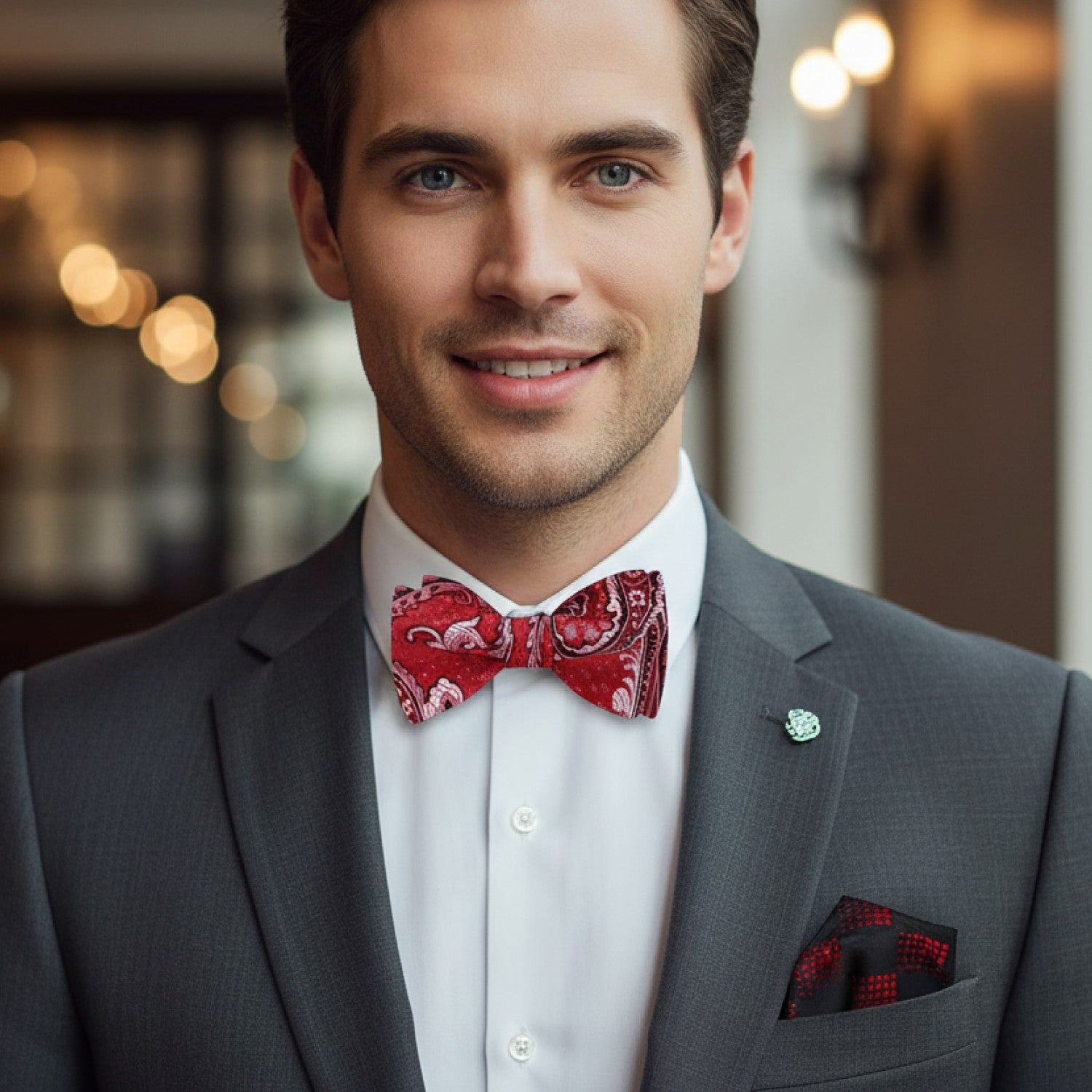 Man wearing a gray suit with a red bow tie and pocket square, standing indoors.