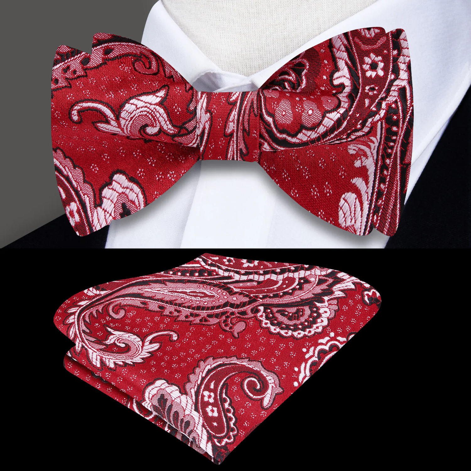 A Red, Blue Paisley Pattern Silk Self Tie Bow Tie, Matching Pocket Square