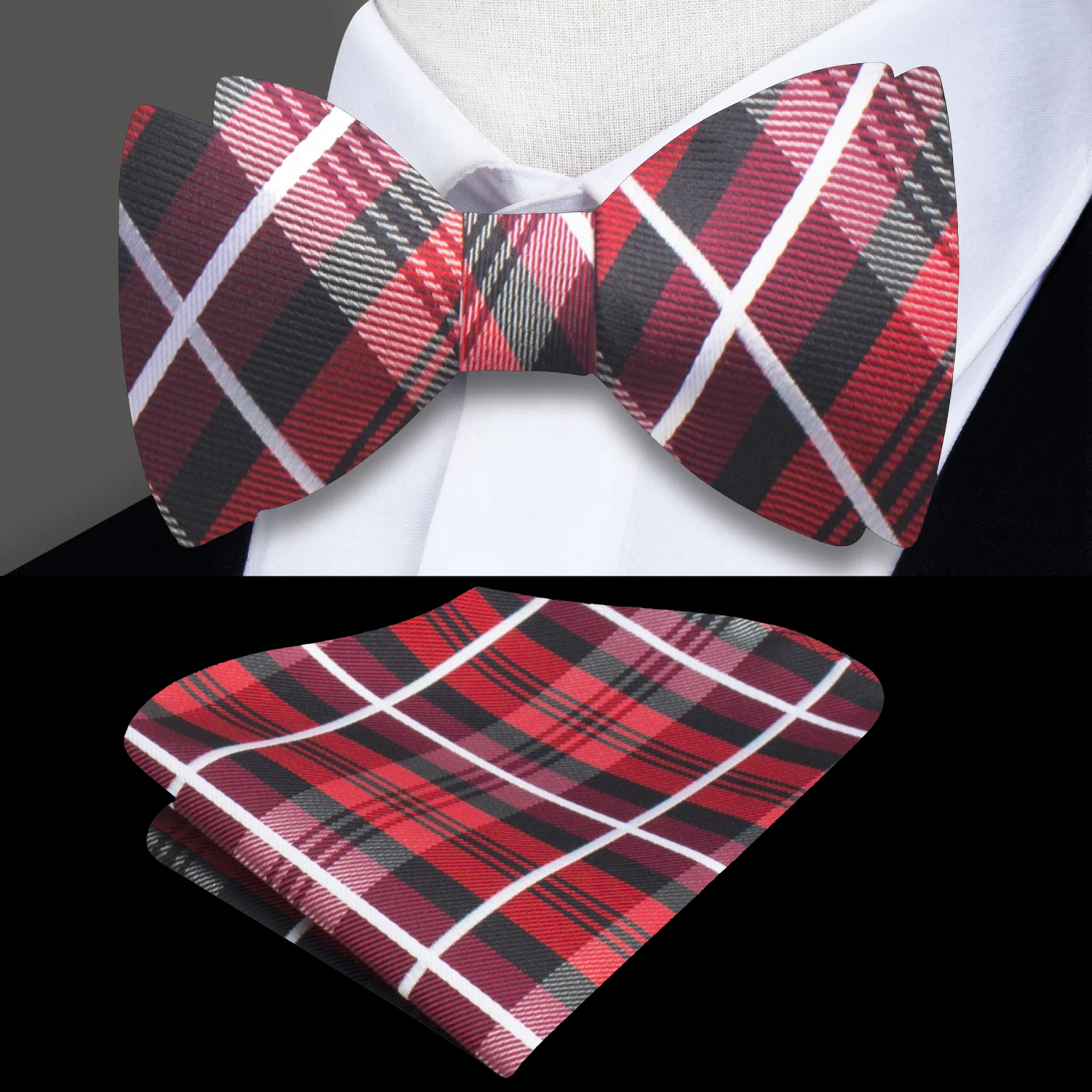 A Red, Black Plaid Pattern Silk Self Tie Bow Tie, Matching Pocket Square