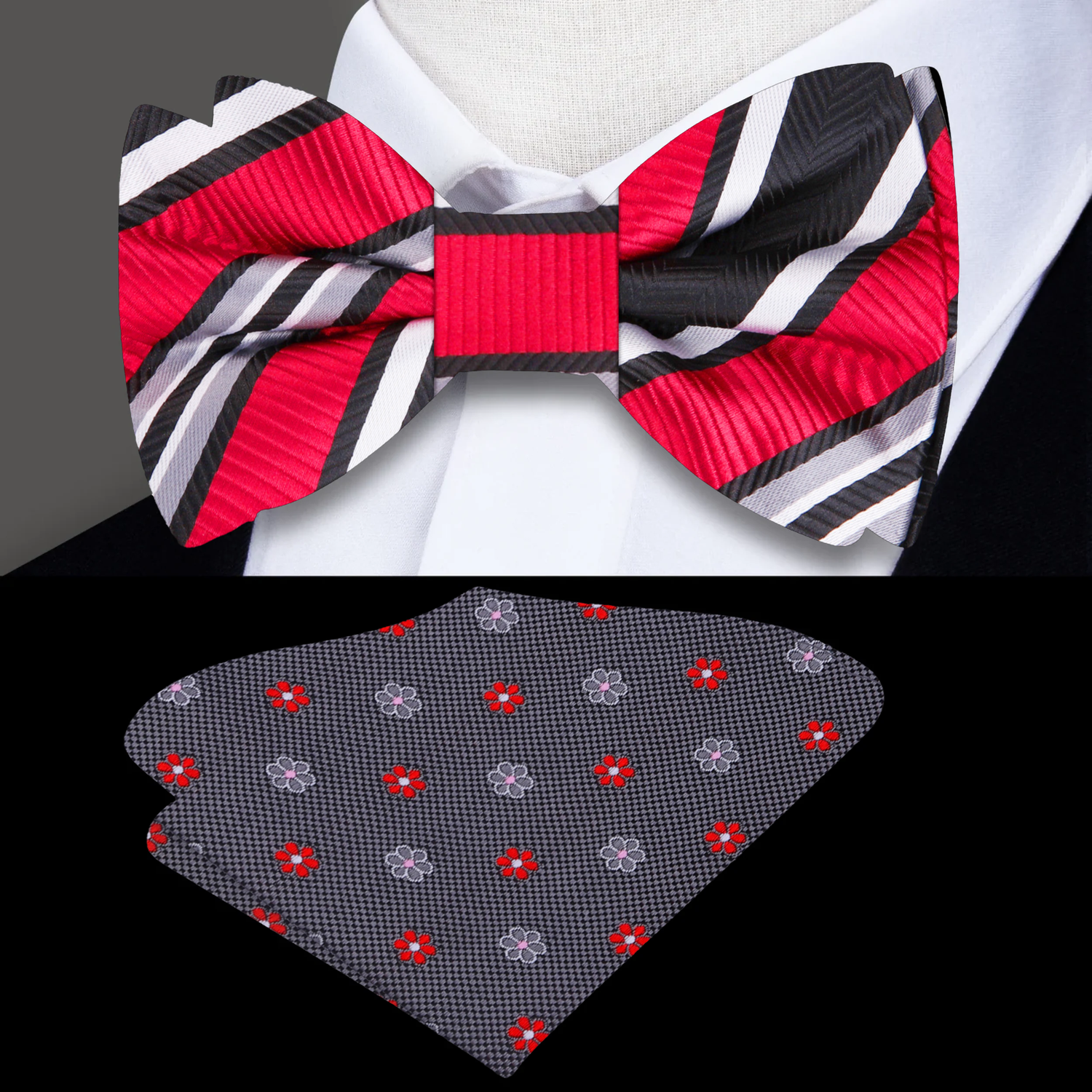 Red, Black, White Stripe Bow Tie and Accenting Floral Square