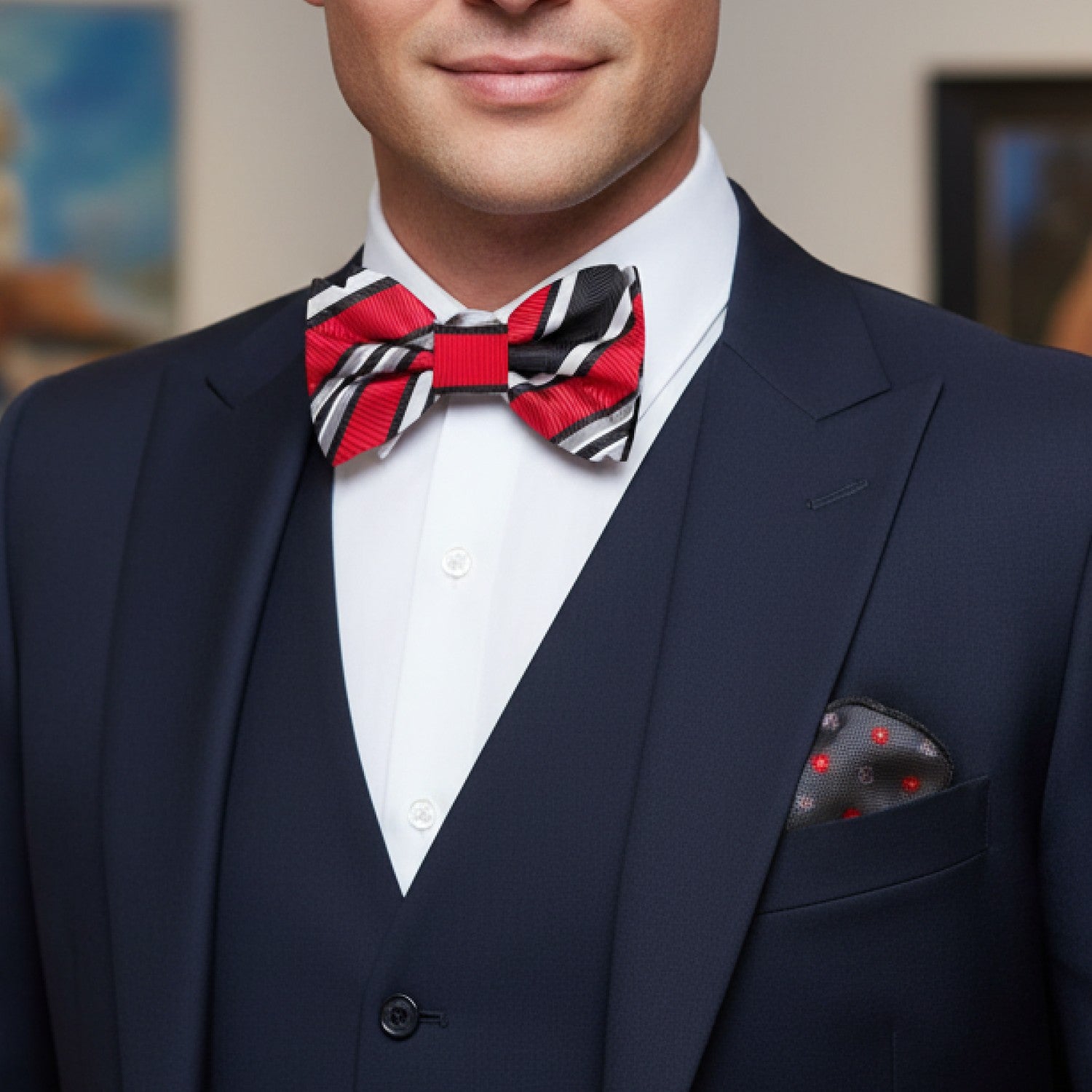 Man wearing a navy suit with a red and black striped bow tie and pocket square.
